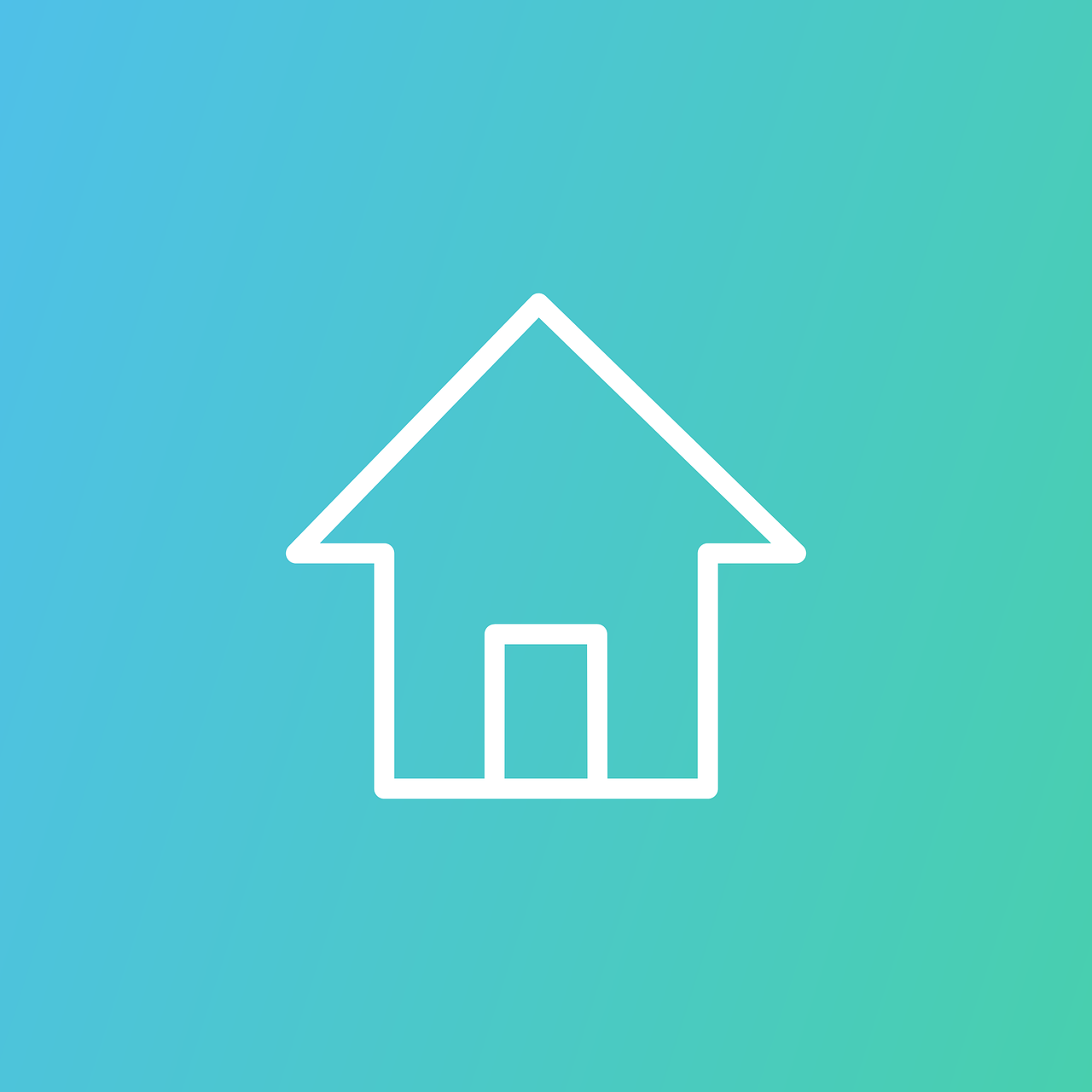 a white outline of a house on a blue and green background, minimalism, pictogram, full colour, from the front, plain background
