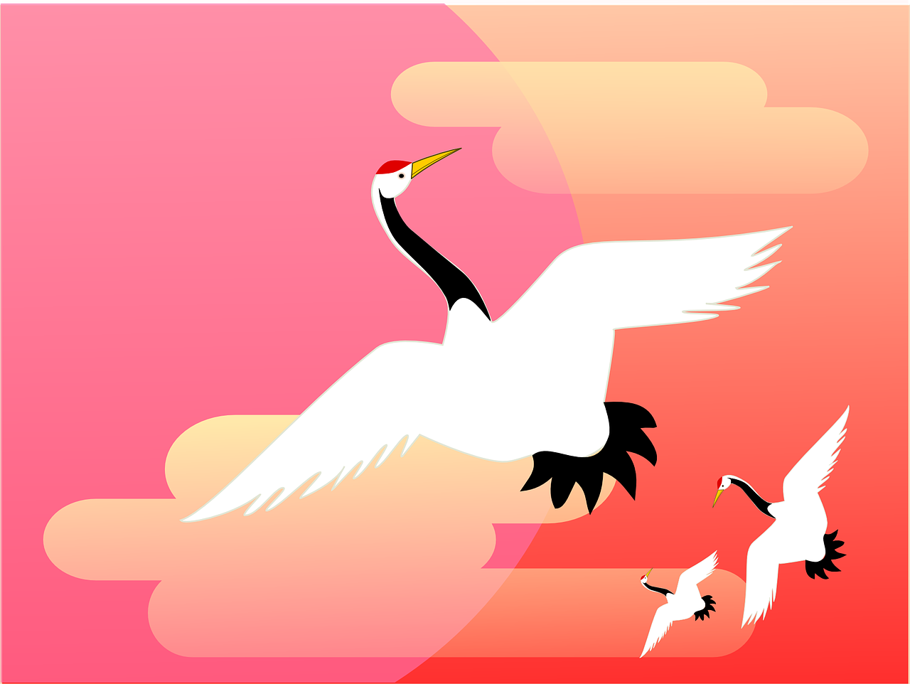 a couple of birds flying next to each other, an illustration of, inspired by Sugimura Jihei, shutterstock, cranes, family photo, background image, art deco illustration