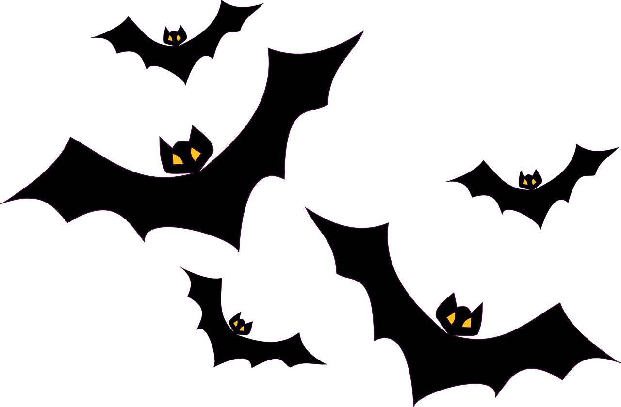 a group of bats flying through the night sky, conceptual art, glowing purple led eyes, dark outlines, dark. no text, halloween wallpaper with ghosts