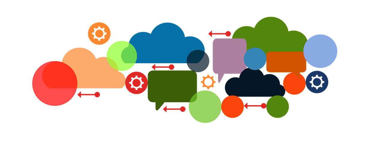 a group of colorful speech bubbles on a black background, a diagram, by Matt Cavotta, cloud, integrating with technology, banner, edited