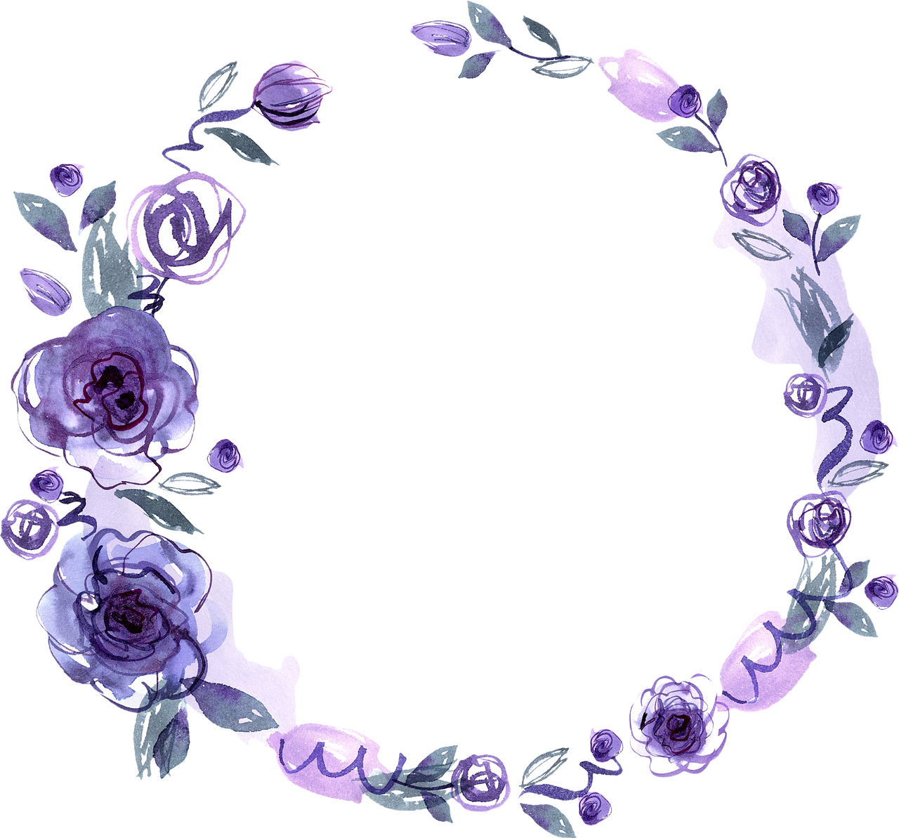a round frame with purple flowers and leaves, a watercolor painting, sōsaku hanga, 4 k post, purple and black color scheme, roses, more dark purple color scheme