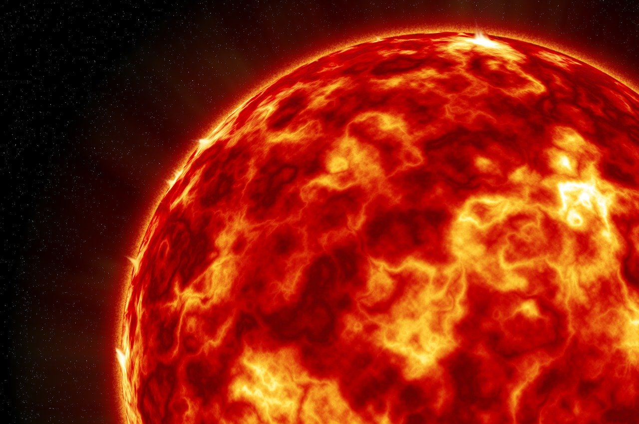 a close up of a sun with a star in the background, a digital rendering, glowing magma sphere, closeup photo