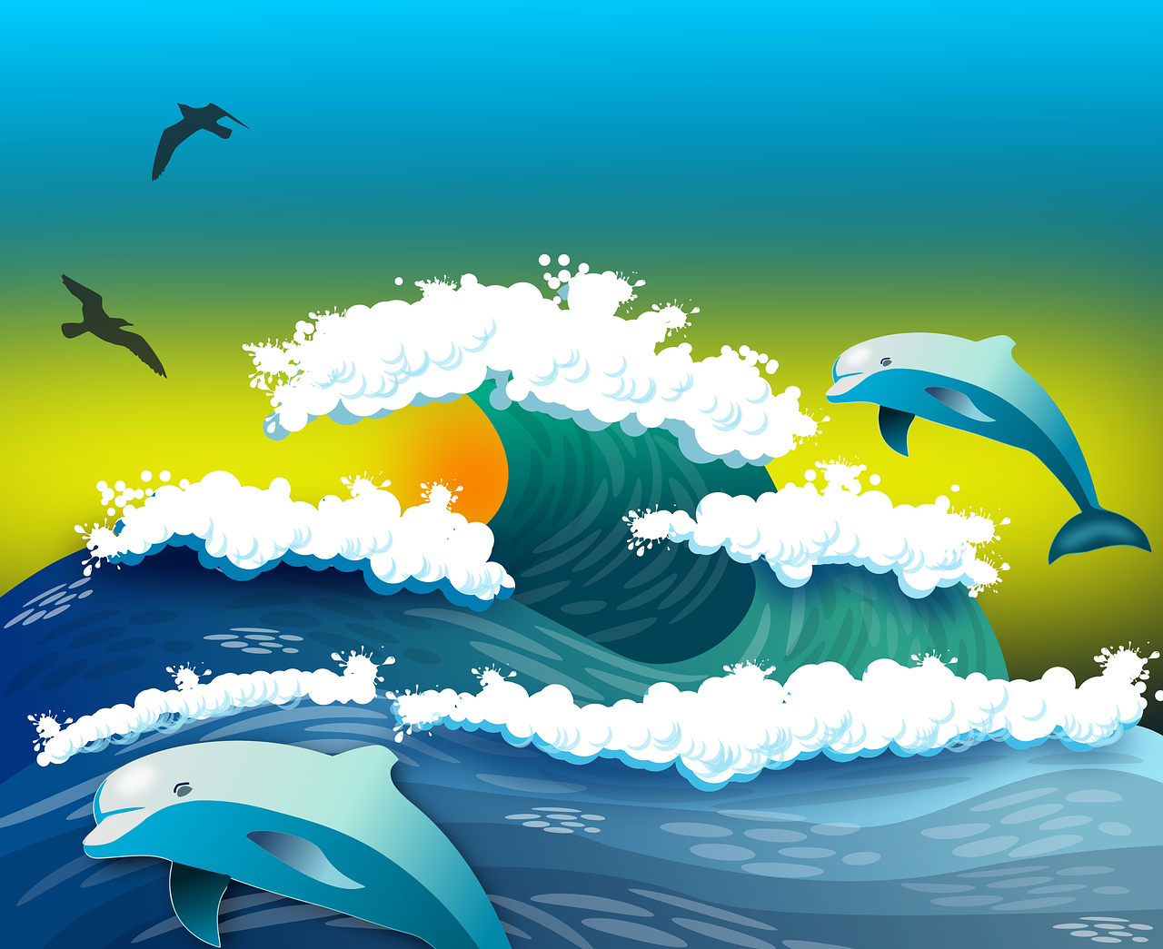 two dolphins jumping out of the ocean waves, an illustration of, shutterstock, a beautiful artwork illustration, big wave and foam, sunset illustration, full color illustration