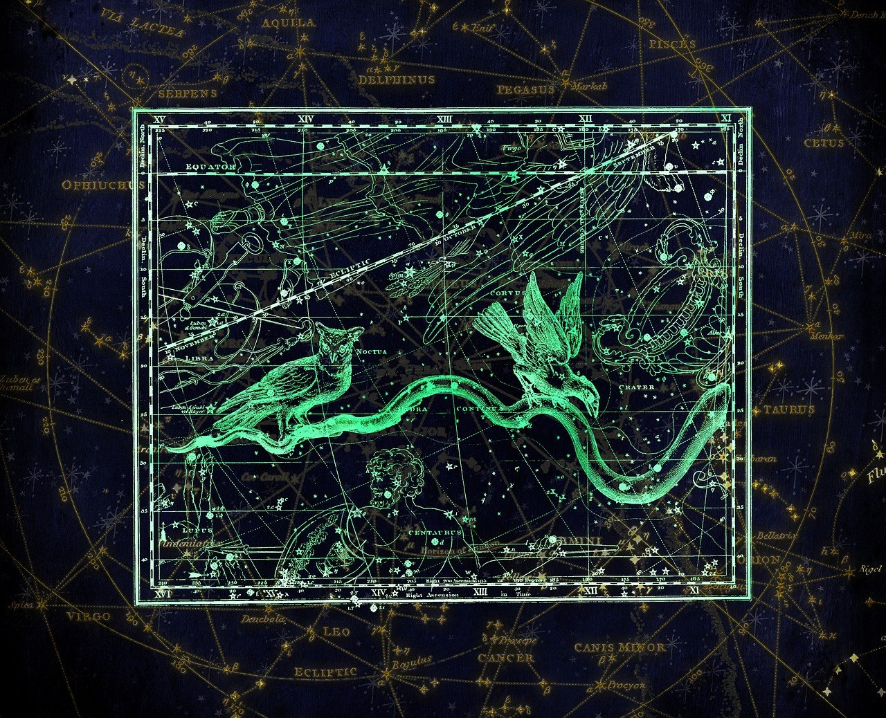 a close up of a map of the night sky, digital art, by Caroline Mytinger, shutterstock, digital art, green snakes background, 19th-century, blueprint diagram, zodiac libra sign