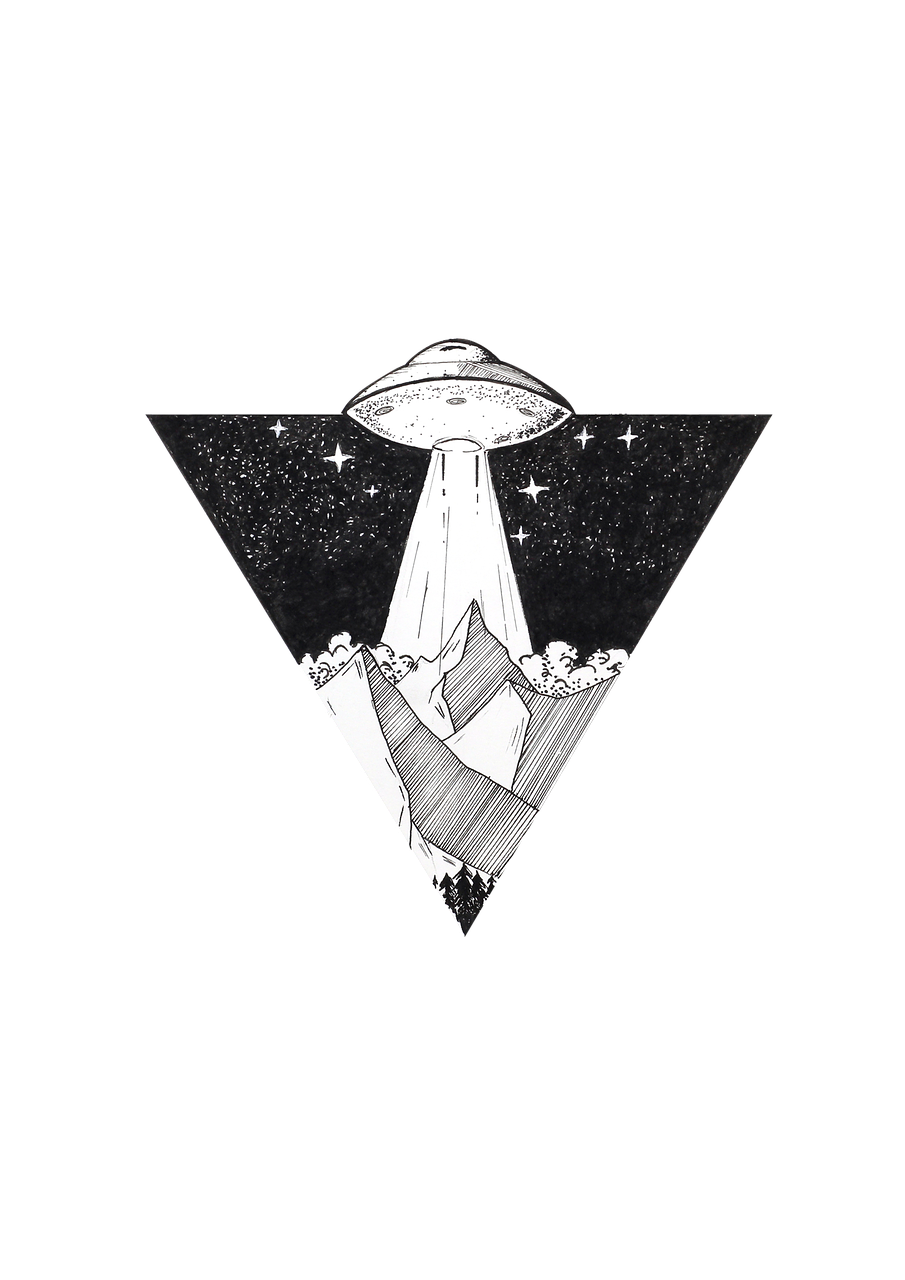 a black and white drawing of a flying saucer, tumblr, space art, mountain in the background, illuminati, tshirt design, on black paper