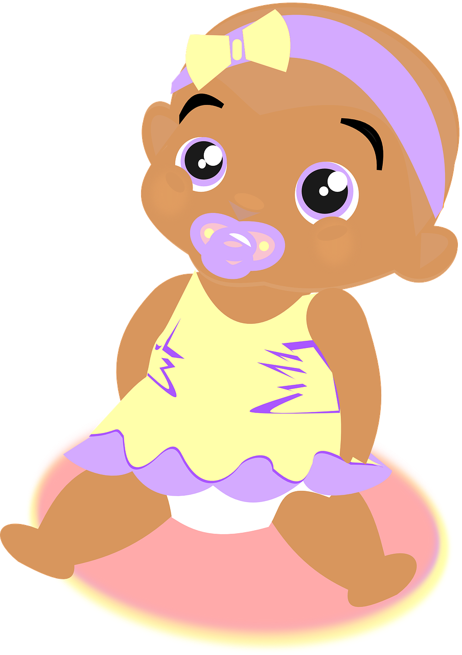 a baby girl with a pacifier in her mouth, a cartoon, by Winona Nelson, pixabay, digital art, dark skinned, purple body, sitting down, kewpie mayonnaise