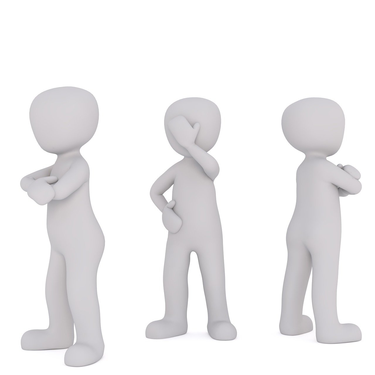 a group of people standing next to each other, trending on pixabay, conceptual art, hear no evil, ambient occlusion:3, crossed arms, three views