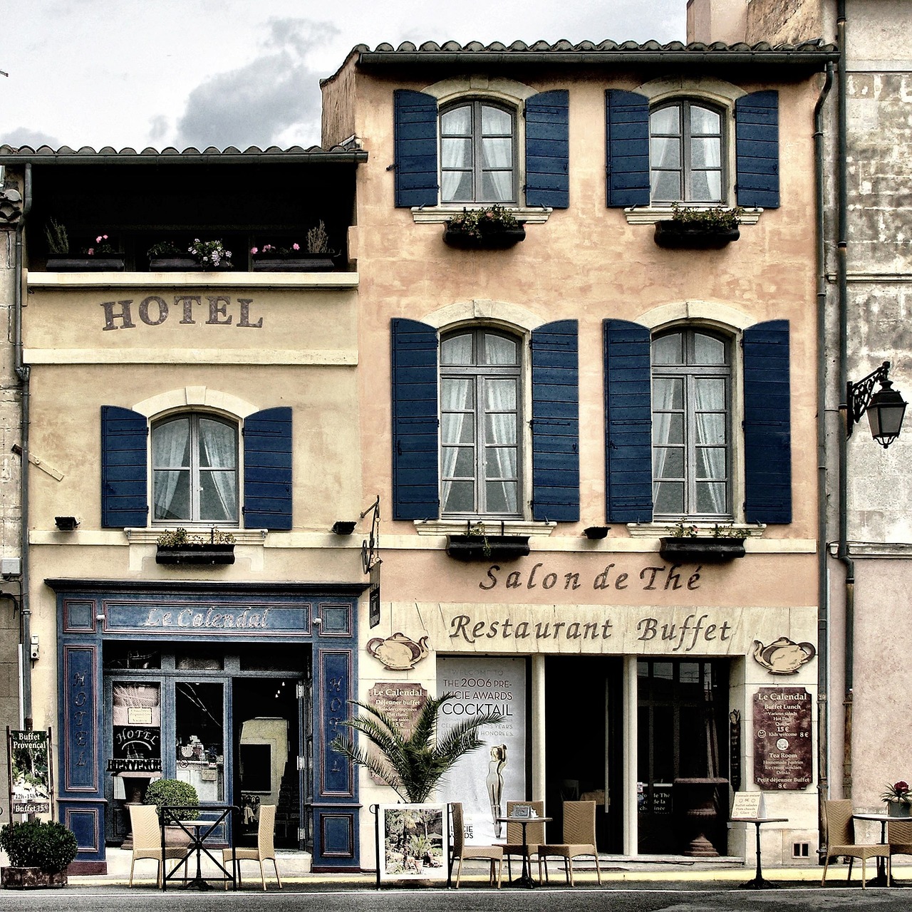 a couple of buildings that are next to each other, a pastel, by Raphaël Collin, flickr, restaurant, cloissonne, directoire style, shutter