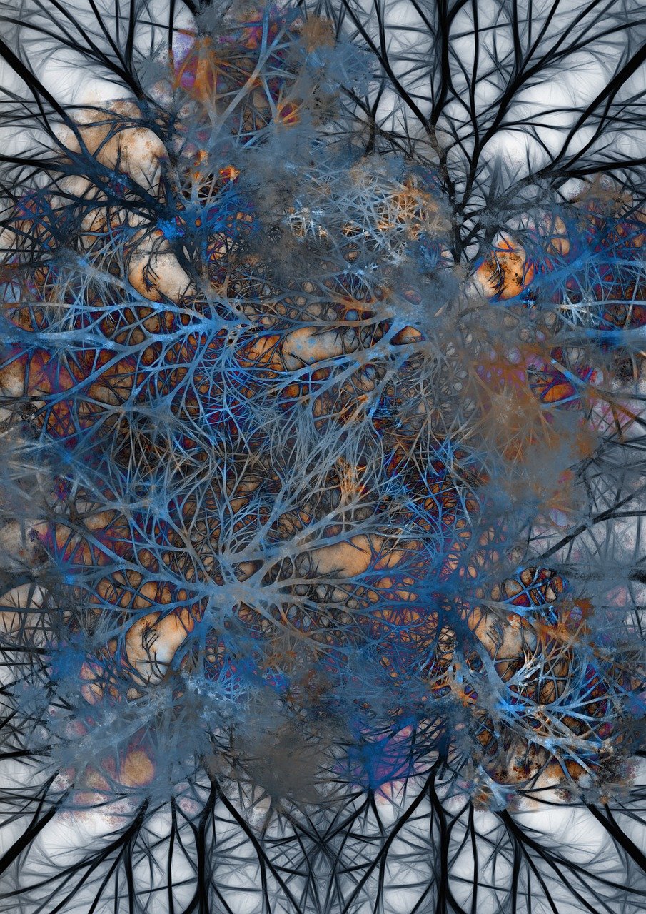 a tree filled with lots of blue branches, an abstract drawing, by Jon Coffelt, generative art, strong blue and orange colors, dystopian gray forest background, fractal lace, nerve cells