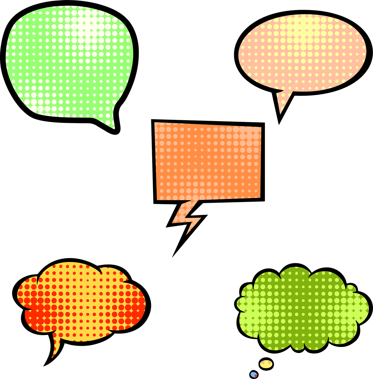 four different colored speech bubbles on a black background, vector art, by Wayne England, flickr, pop art, green and orange theme, halftone dots, thunder, albuquerque