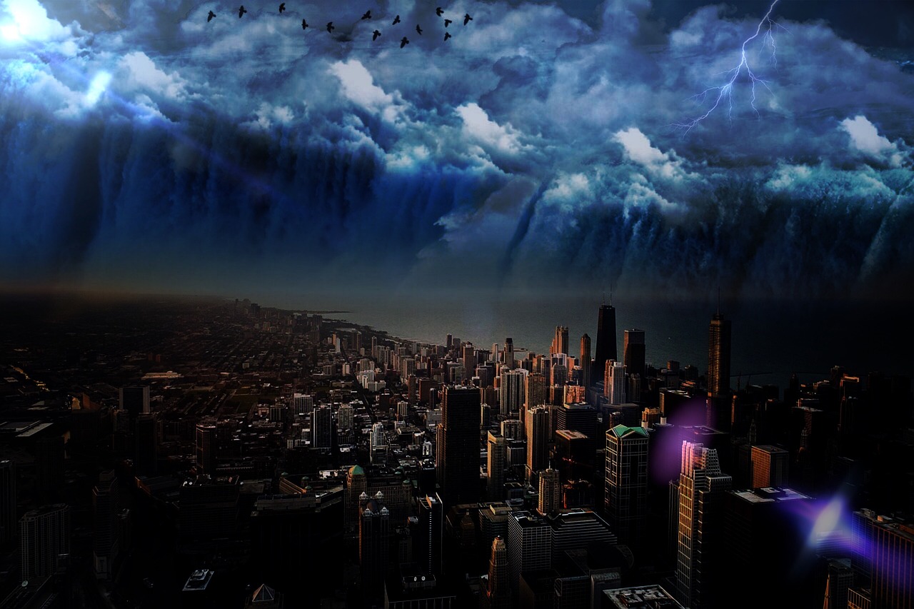 a city filled with lots of tall buildings under a cloudy sky, by Dan Scott, pexels, digital art, apocalypse hurricane storm, ravens stormy sky of foreboding, amazing contrasting background, overhead