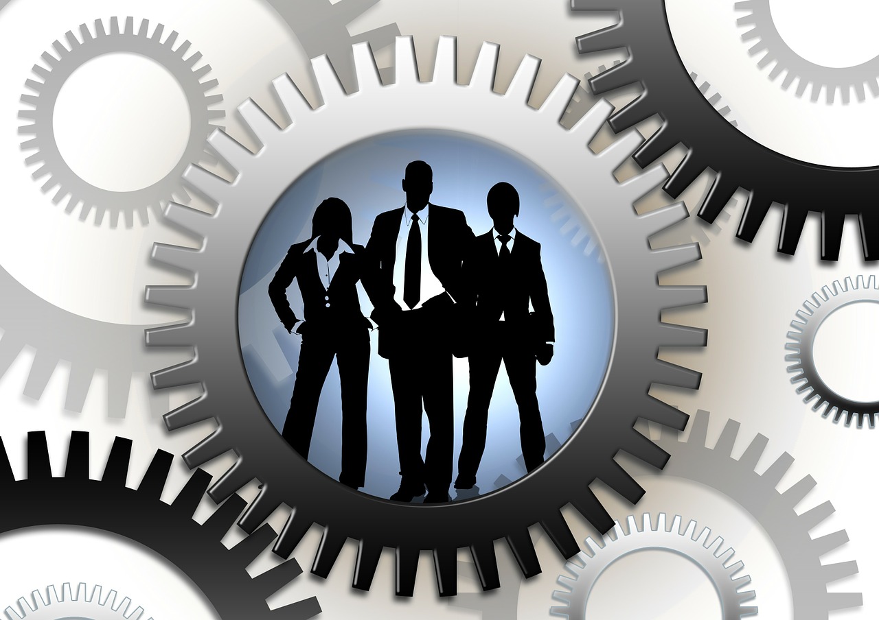 a group of business people standing in front of gears, trending on pixabay, constructivism, panel, rich detail, trio, marketing photo