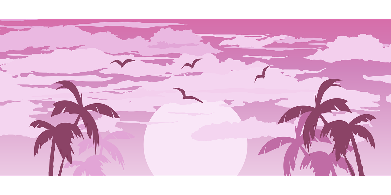 a sunset scene with palm trees and birds flying in the sky, inspired by Tetsugoro Yorozu, tumblr, giant pink full moon, banner, ; wide shot, drawn with photoshop