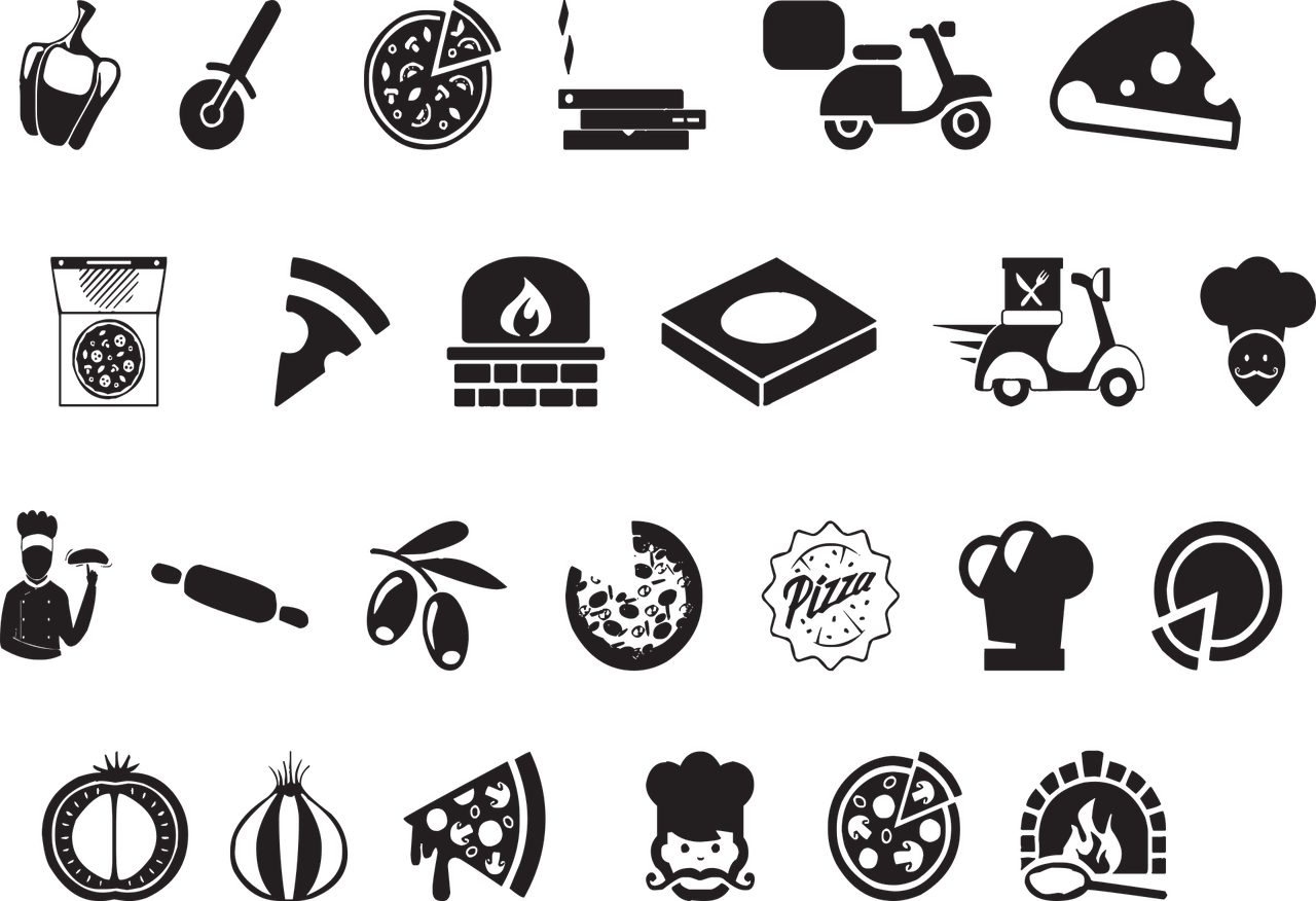 a bunch of black and white icons on a black background, by Matt Cavotta, cooking pizza, background image, vendors, banner