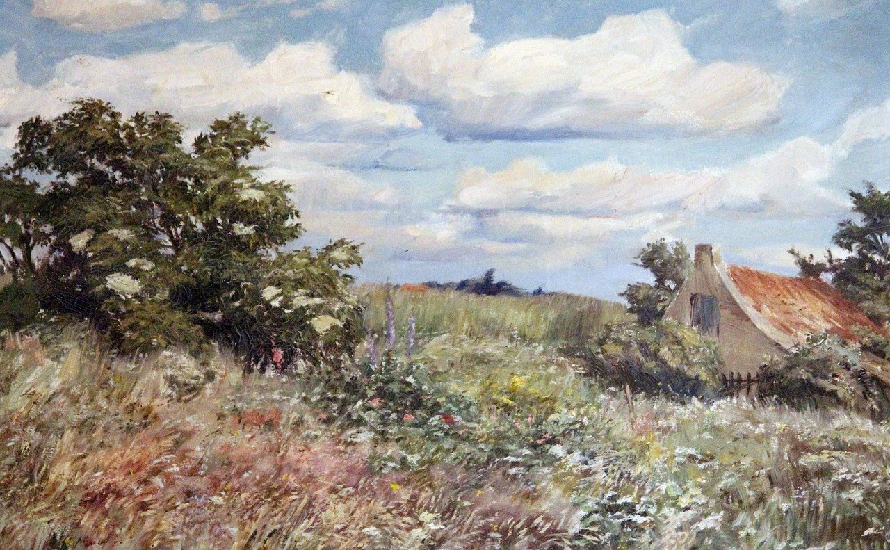 a painting of a house in a field, by Charles Harold Davis, overgrown place, old village in the distance, in scotland, summer sky