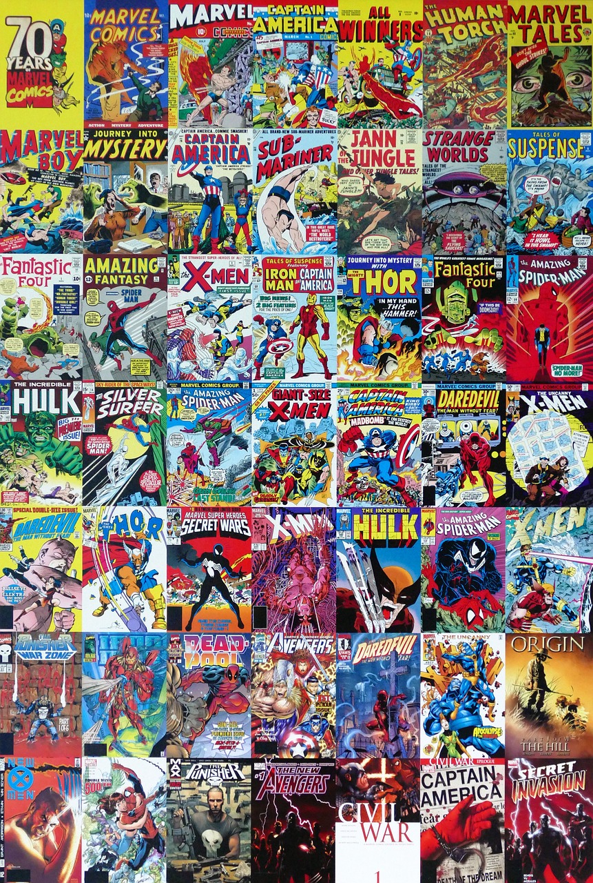 a close up of a bunch of comics on a wall, a comic book panel, inspired by Wally Wood, pexels, marvel comicbook cover, pulp magazines cover art, avengers, 2 0 0 0 s cover art