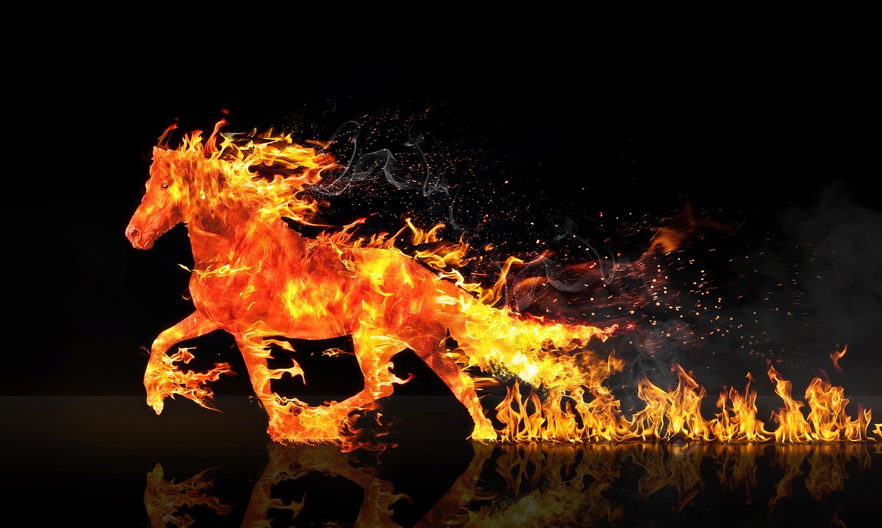 a horse that is running in the fire, tumblr, digital art, iphone 15 background, fire and brimstone, a large, (fire)