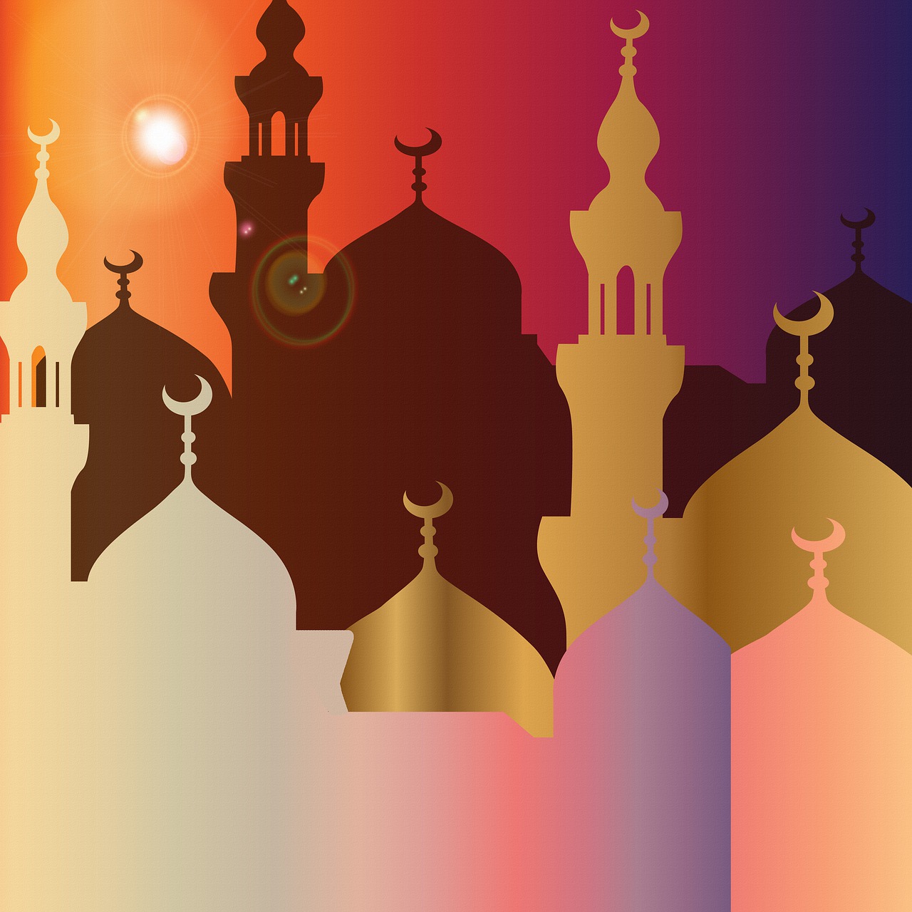 a picture of a mosque with the sun in the background, digital art, multicolored vector art, metallic, in a shapes background, with great domes and arches