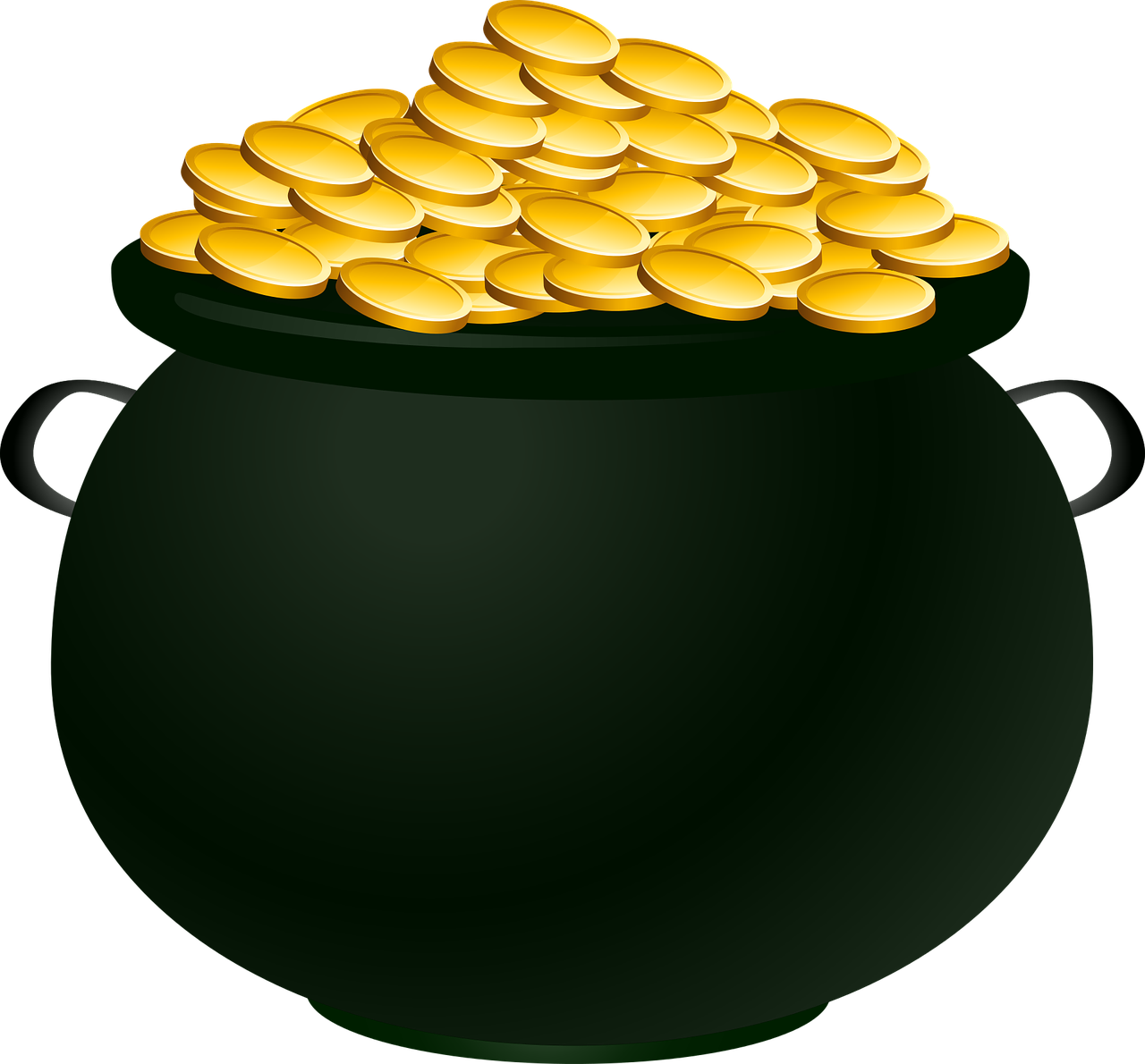 a pot full of gold coins, by Ludwik Konarzewski, black backround. inkscape, many treasures, a beautiful artwork illustration, recipe