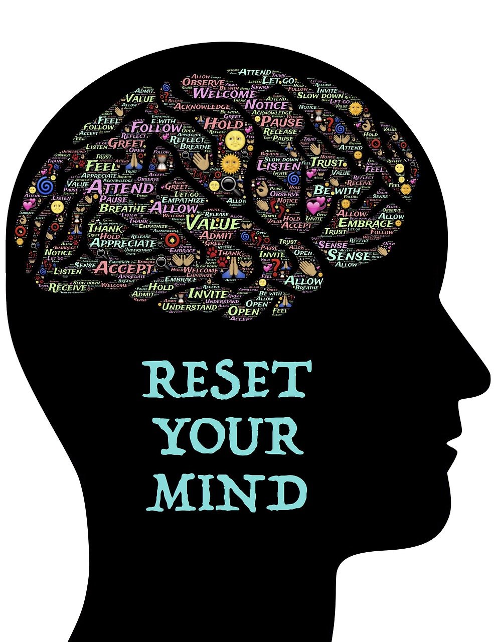a silhouette of a man's head with the words rest your mind on it, a digital rendering, inspired by Milton Glaser, pixabay, renaissance, various posed, brain in a vat, regret, stock photo