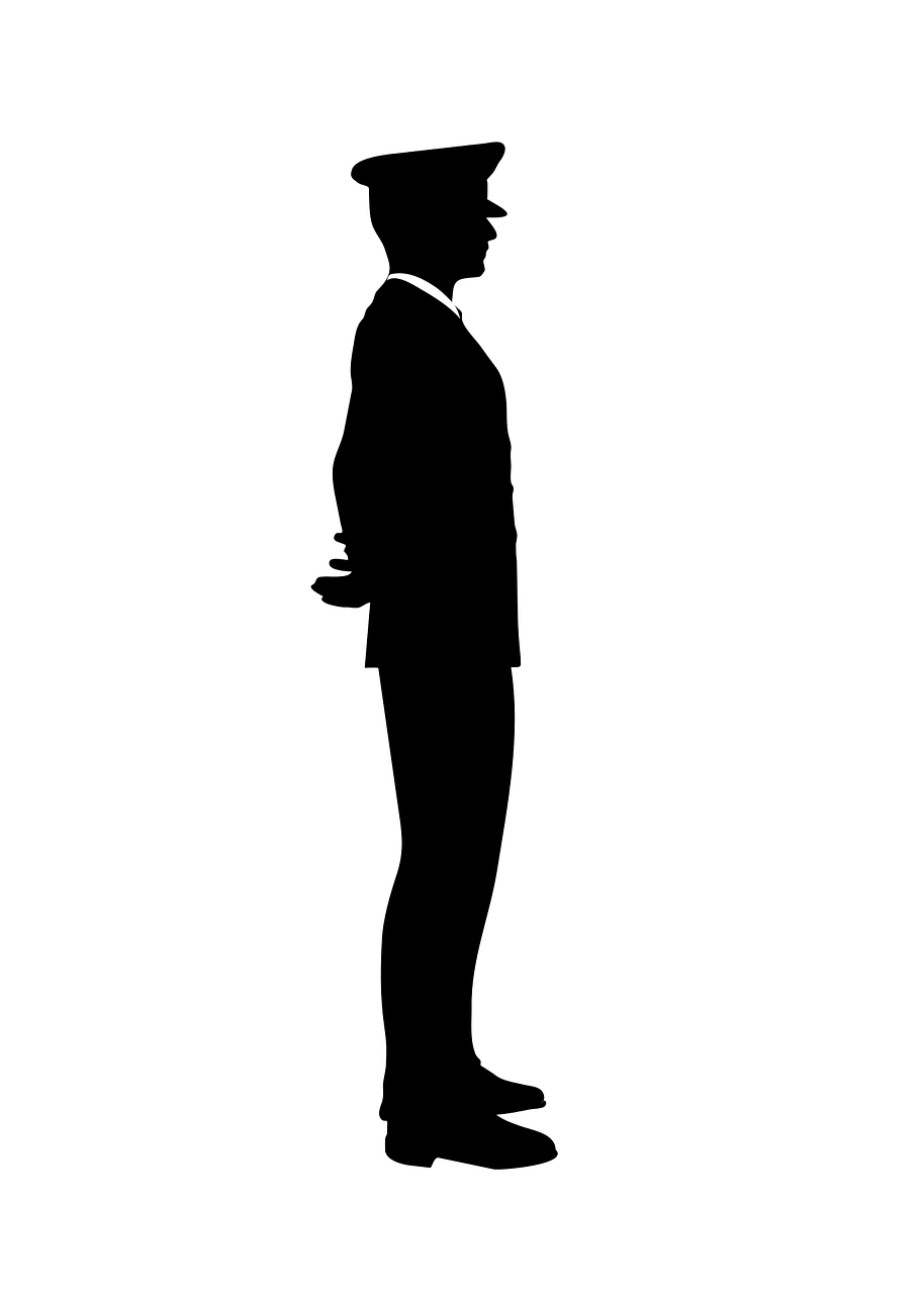 a black and white silhouette of a man in a uniform, a stock photo, trending on pixabay, very tall and slender, side pose, royal elegant pose, rendered image