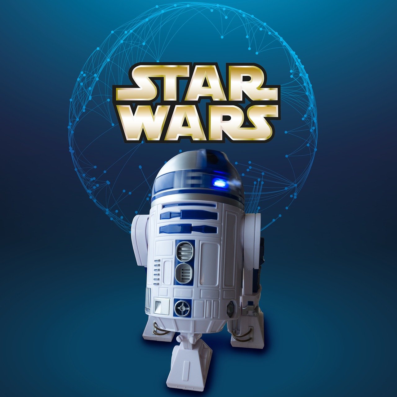 a star wars r2d2 robot on a blue background, advertising photo, avatar image, starlit, 3d product