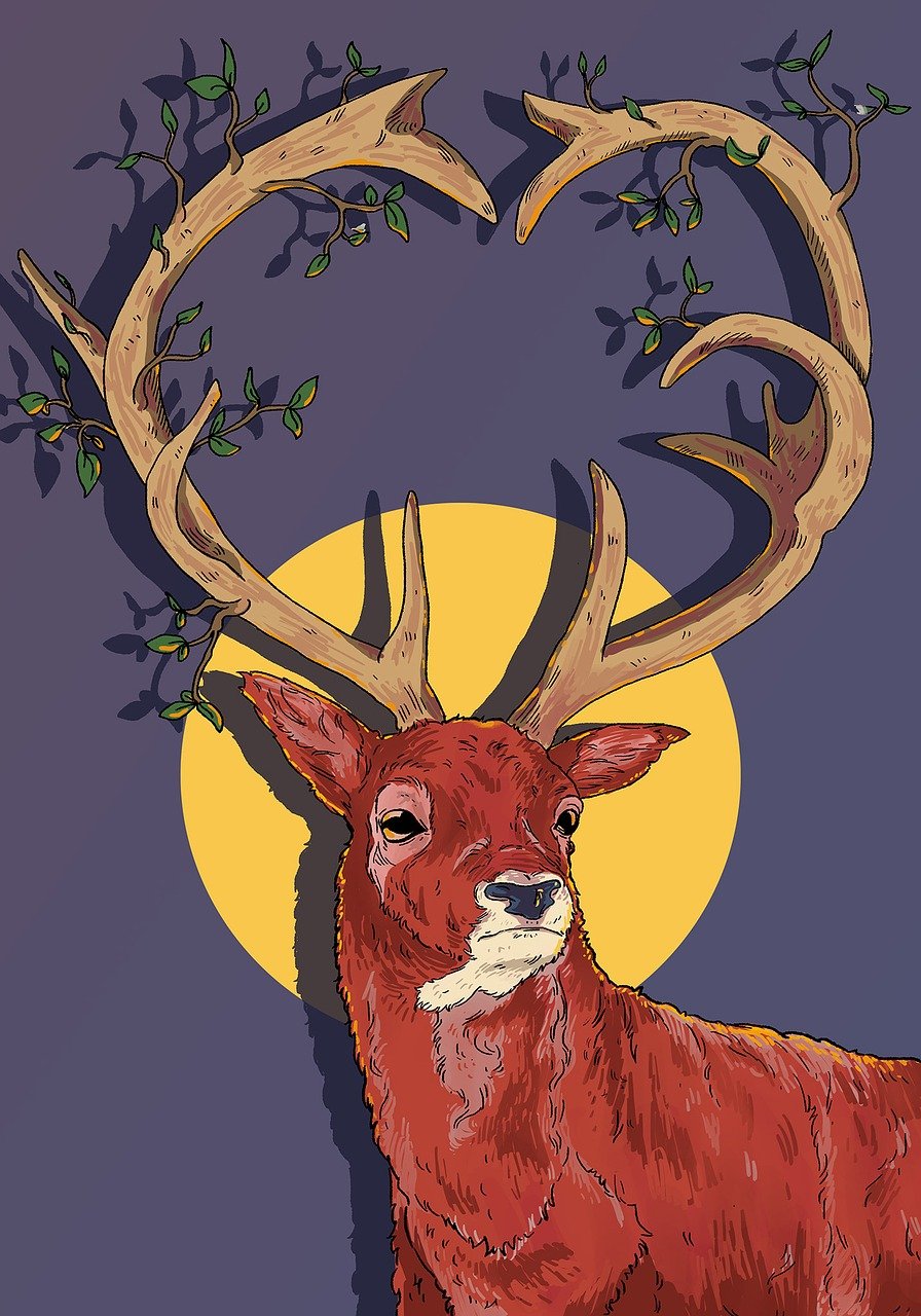 a red deer standing in front of a full moon, inspired by Rudolph F. Ingerle, behance contest winner, serial art, hand painted cartoon art style, love and death, in laurel wreath, middle close up composition