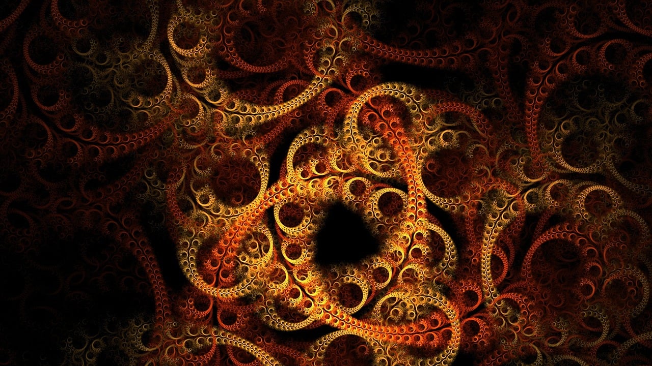 a computer generated image of a spiral design, inspired by Benoit B. Mandelbrot, deviantart, thick glowing chains, big long hell serpent octopus, golden lace pattern, lovecraftian background