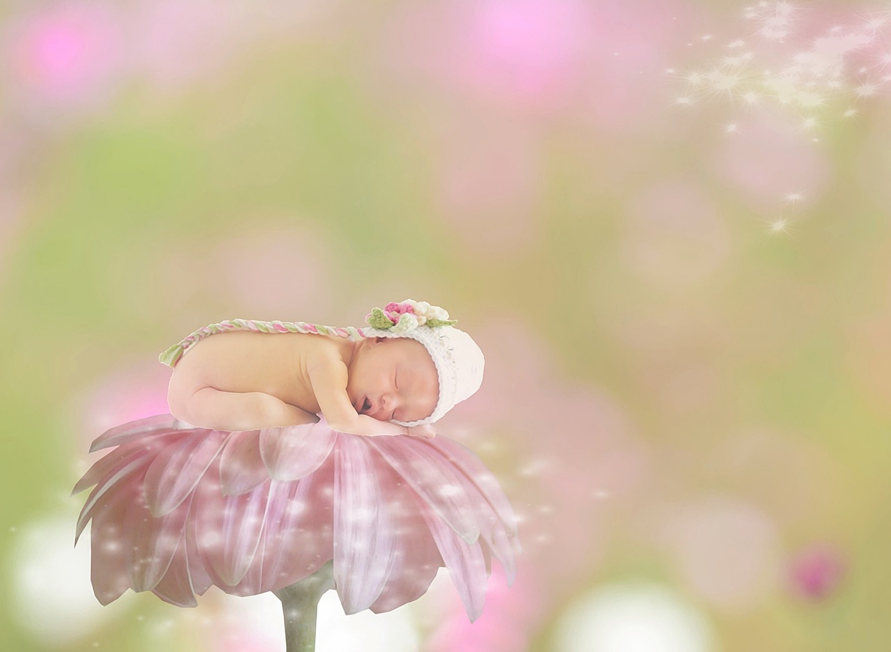 a baby sleeping on top of a pink flower, a digital rendering, art photography, bokeh backdrop, fairyland, high res photo, with lots of glittering light