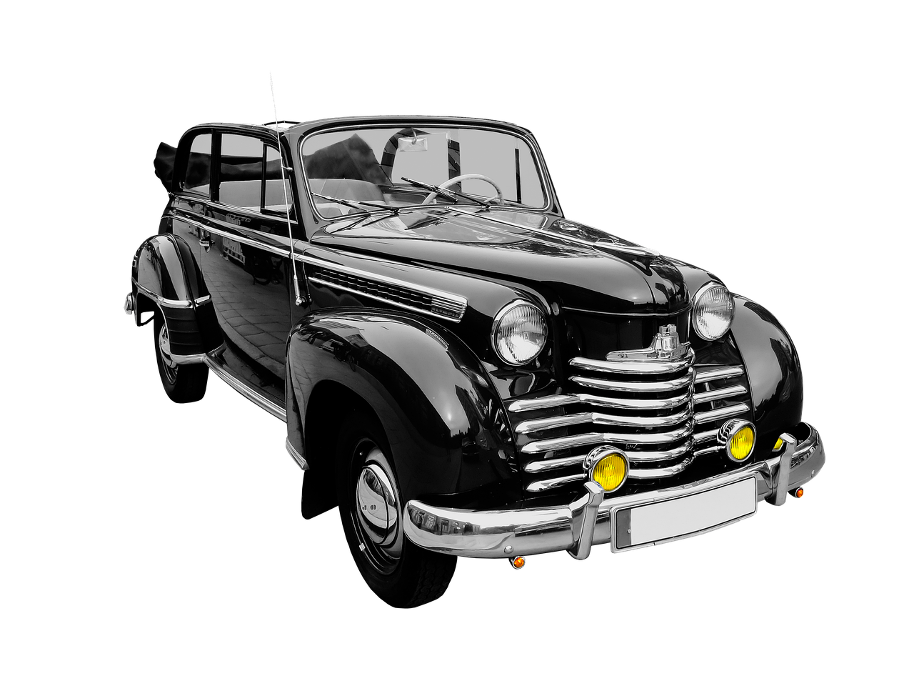 a black and white photo of a classic car, a digital rendering, by Ludwik Konarzewski, trending on pixabay, bauhaus, black and yellow color scheme, 1940s photo, with cool headlights, in style of stanislav vovchuk