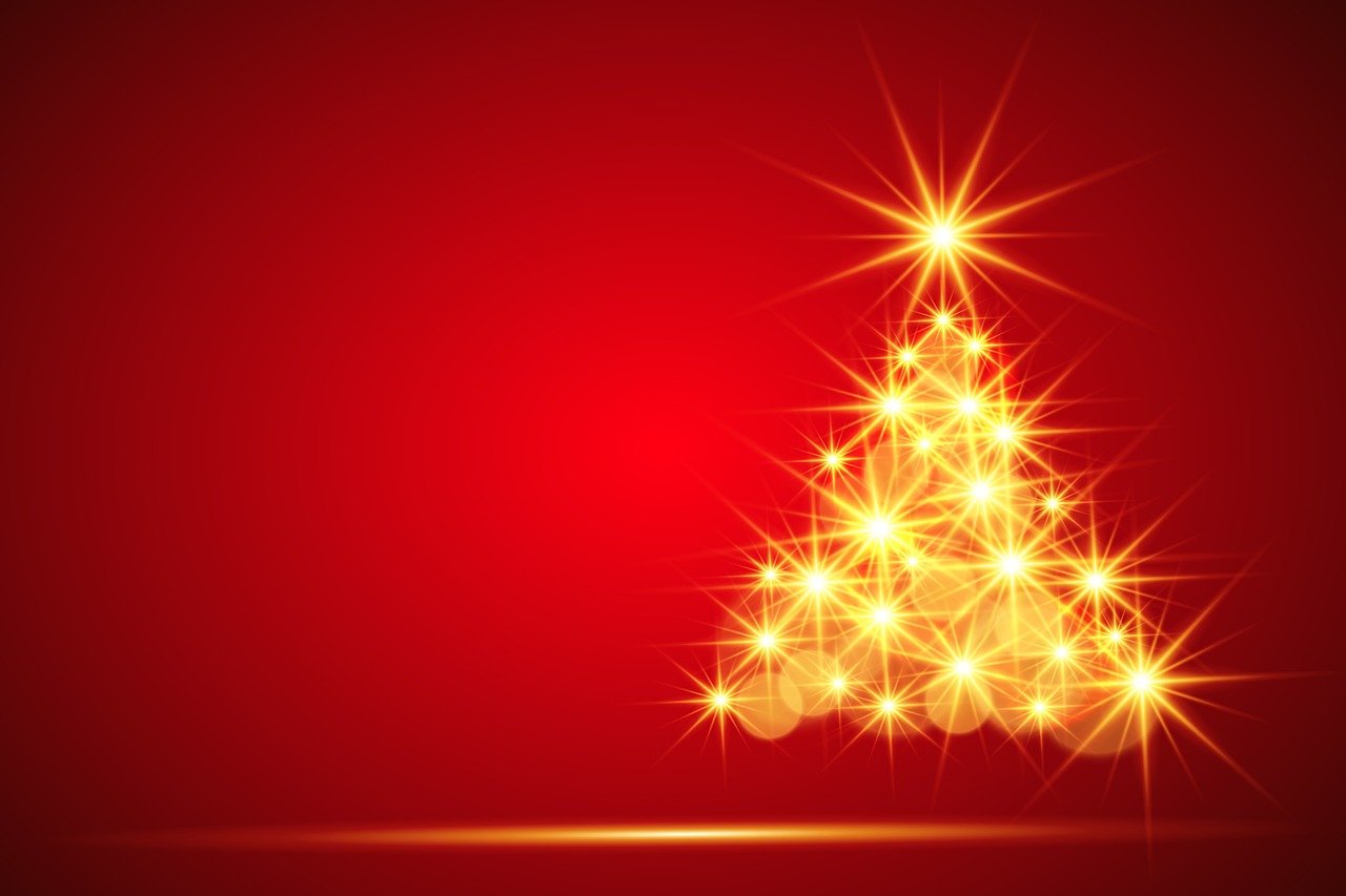 a shiny christmas tree on a red background, michellin star, glowing golden aura, plain background, the best ever