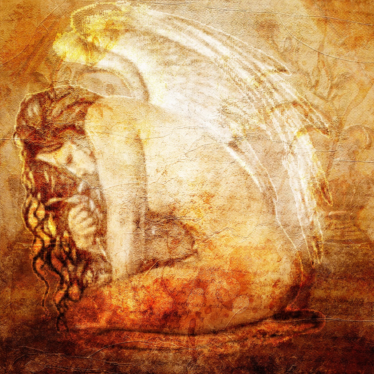 a painting of a woman sitting on a rock, digital art, by Eugeniusz Zak, shutterstock, metaphysical painting, angel in hell, on old paper, mixed media style illustration, beautiful opened wings