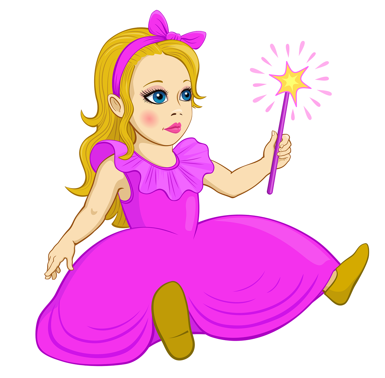 a little girl in a pink dress holding a magic wand, conceptual art, cartoon style illustration, princess of amethyst, very artistic pose, seven pointed pink star