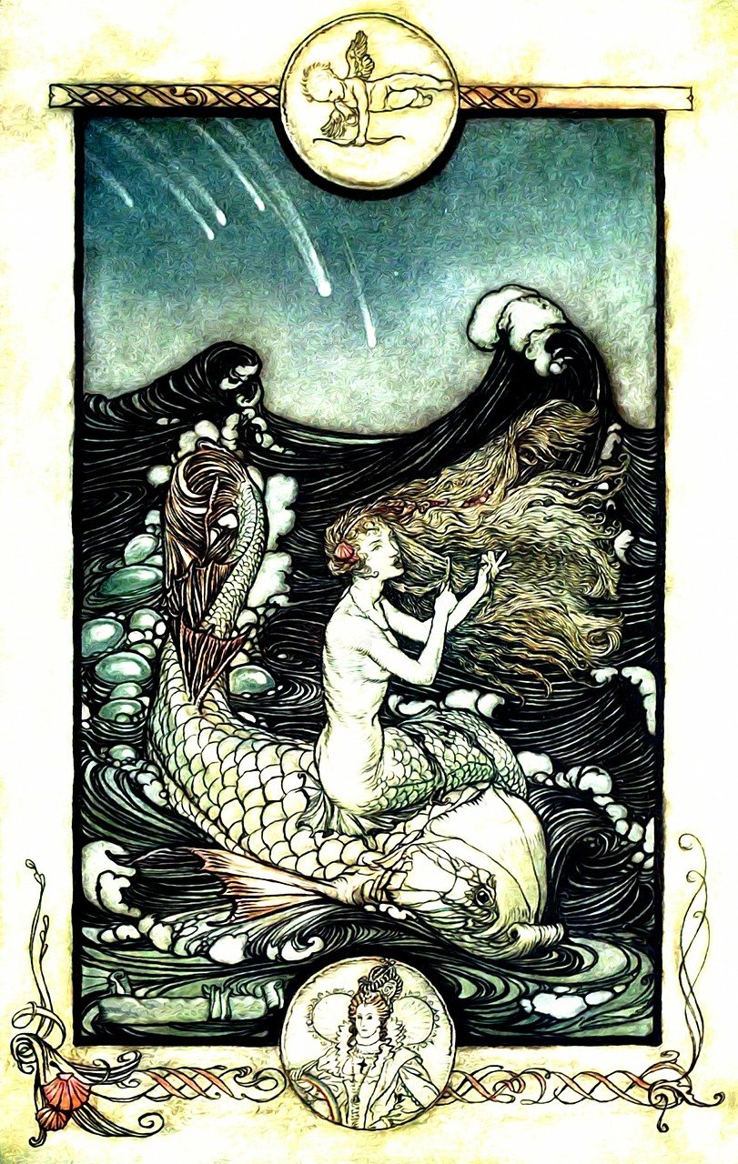 a drawing of a mermaid and a mermaid sitting on a rock, a storybook illustration, by Arthur Rackham, tumblr, art nouveau, hair made of shimmering ghosts, tattoo sketch of a ocean, erte, colour