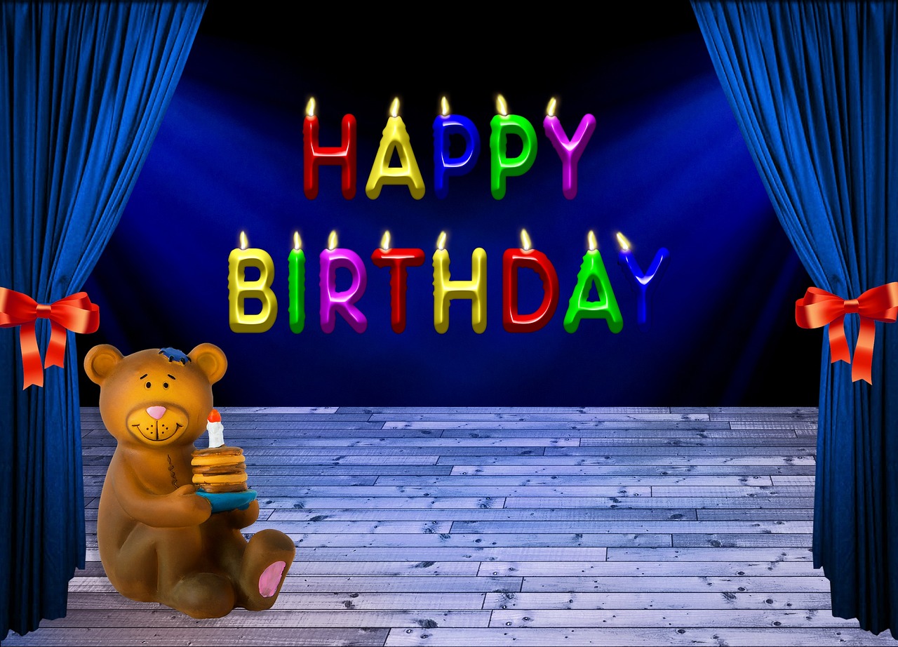 a teddy bear sitting in front of a stage with candles, a digital rendering, by Gwen Barnard, pixabay, happy birthday, kneeling at the shiny floor, digital art - w 640, stock photo