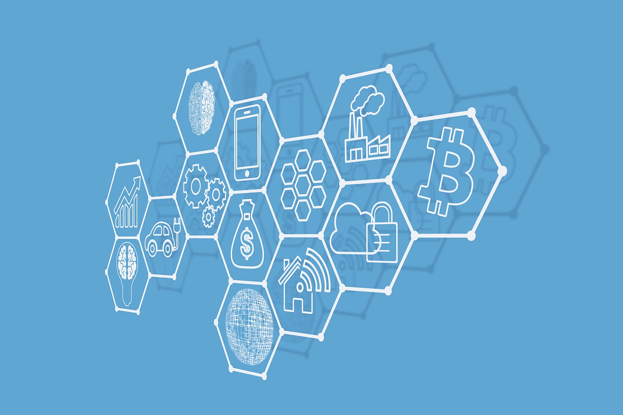 a bunch of hexagons on a blue background, a digital rendering, icons, bitcoin, line art illustration, industries