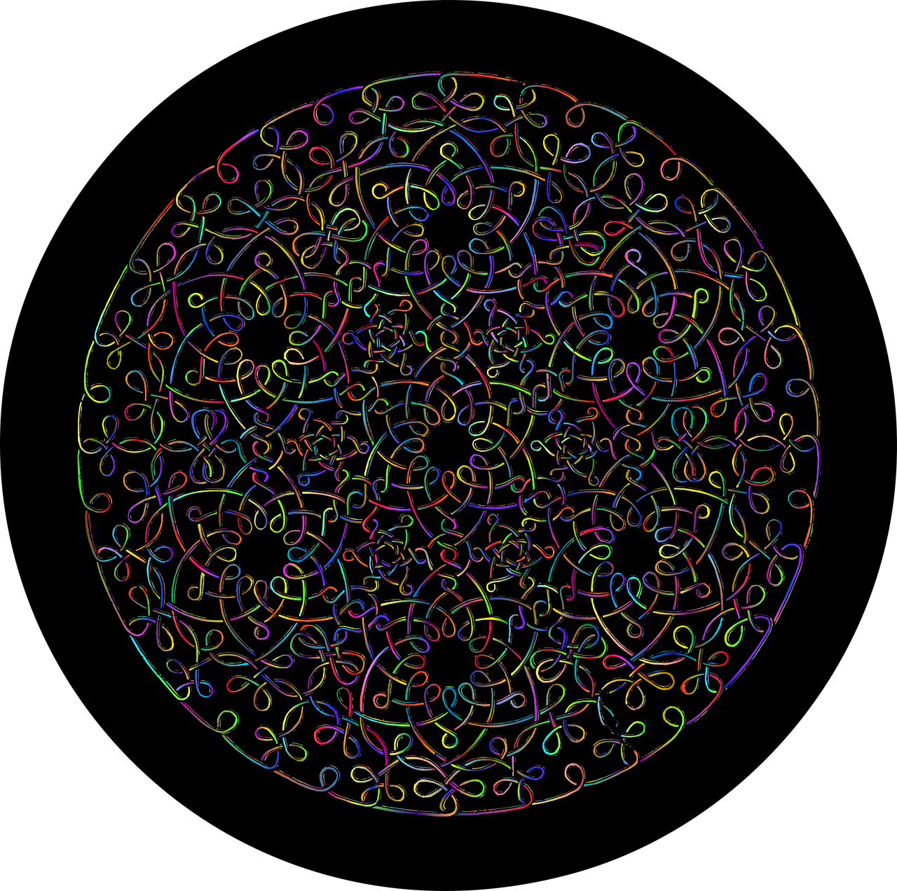 a colorful circular design on a black background, by Andrei Kolkoutine, generative art, intricate filigree, sol lewitt, no gradients, subtle multicolored light