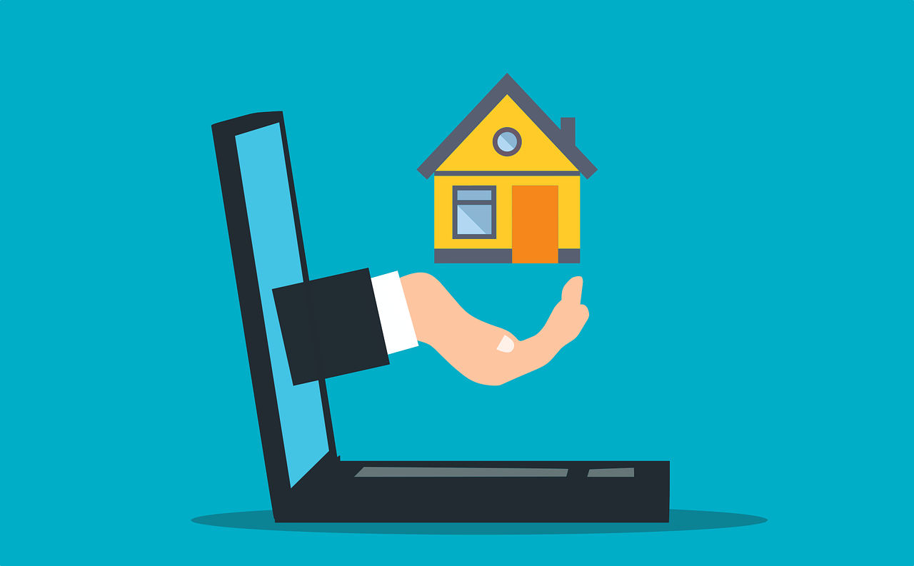 a hand holding a house in front of a laptop, an illustration of, conceptual art, flat color, listing image, an estate agent listing photo, highly stylized