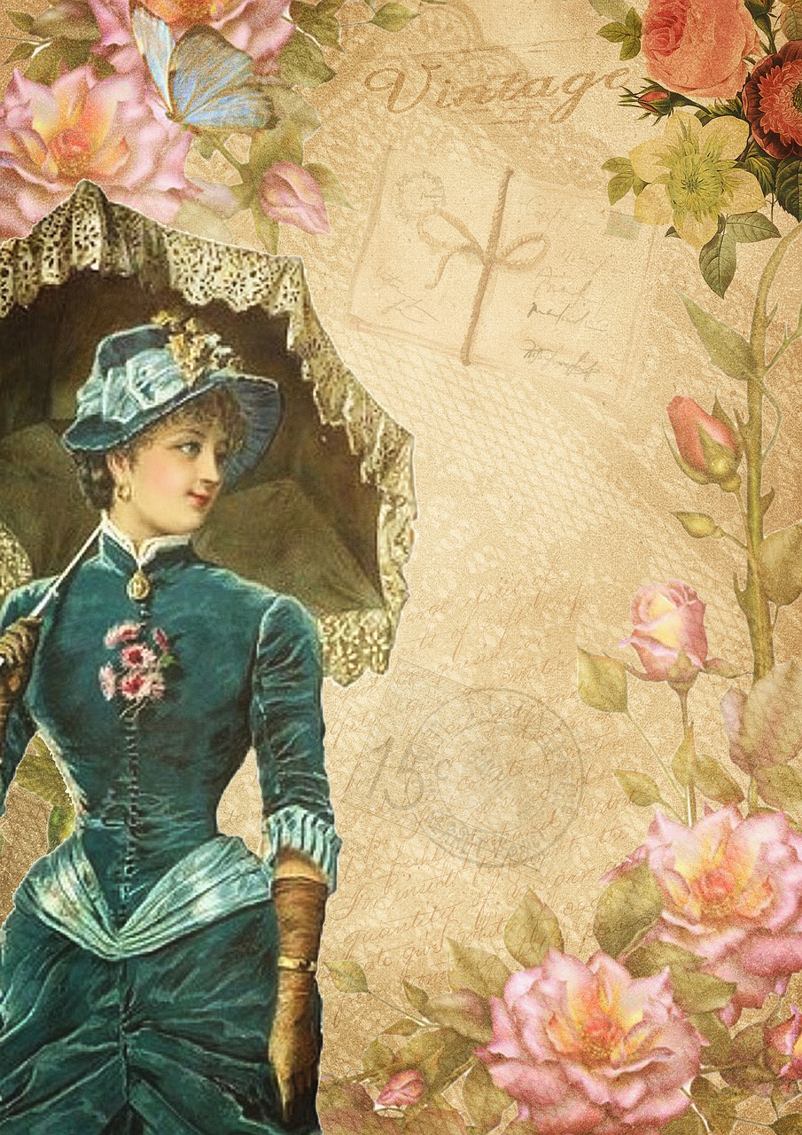 a painting of a woman holding an umbrella, a portrait, trending on pixabay, rococo, scrapbook paper collage, victorian photo, floral lacework, header