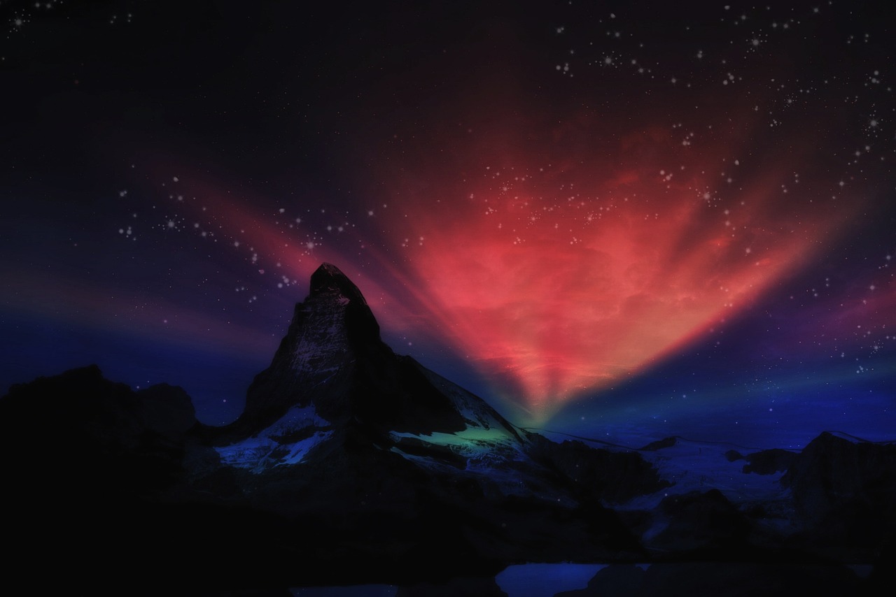 a mountain covered in snow under a colorful sky, space art, dark glowing red aura, northen lights background, antarctica, enb