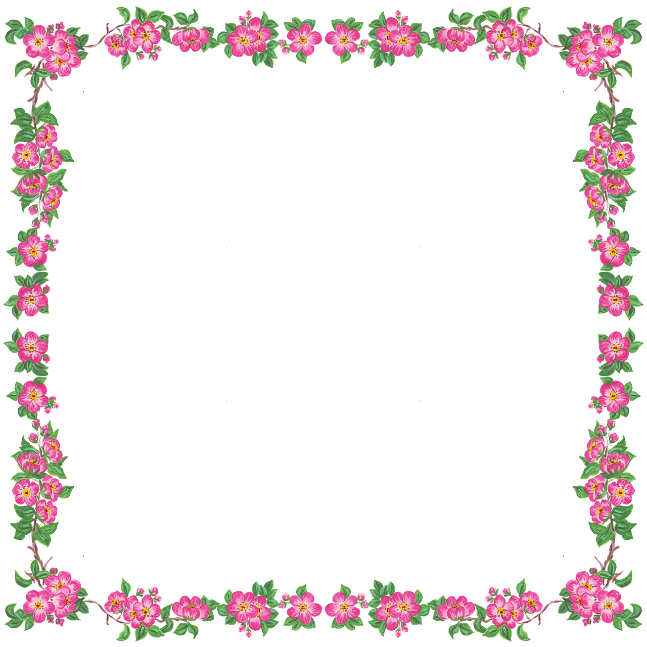 a black background with pink flowers and green leaves, a digital rendering, flickr, ornate border frame, black backround. inkscape, colorful picture, 3 2 x 3 2
