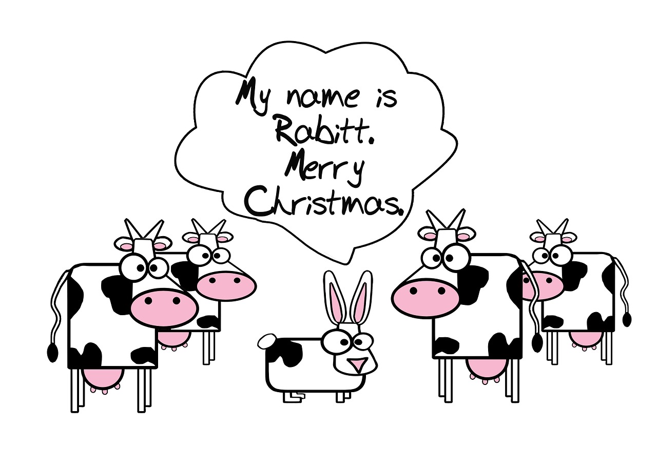 a couple of cows standing next to each other, a cartoon, by Robert Freebairn, pixabay, christmas, rabbit_bunny, with names, card template