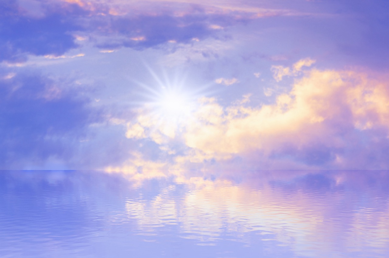 a boat floating on top of a body of water under a cloudy sky, a picture, inspired by Johan Jongkind, lilac sunrays, water reflecting suns light, background heavenly sky, blue soft light