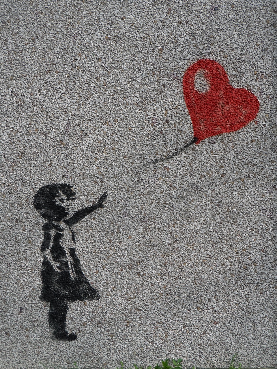 a painting of a girl holding a red heart balloon, chalk art, pixabay, street art, very grainy image, walking down, up close picture, waving