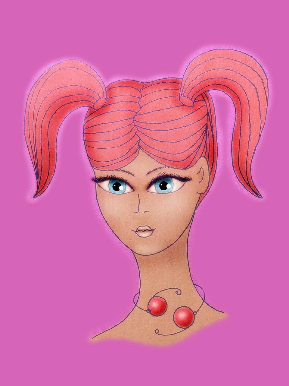 a drawing of a woman with pink hair, a character portrait, inspired by Kaja Foglio, trending on deviantart, stylized as a 3d render, ponytails, 60's sci-fi pinup style, twintails hairstyle