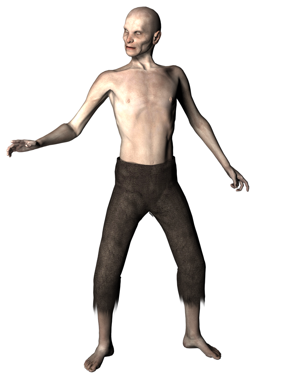 a man with no shirt standing in front of a black background, a 3D render, inspired by Henry Fuseli, medieval zombie peasant, scp-049, slender boy with a pale, creepy!!