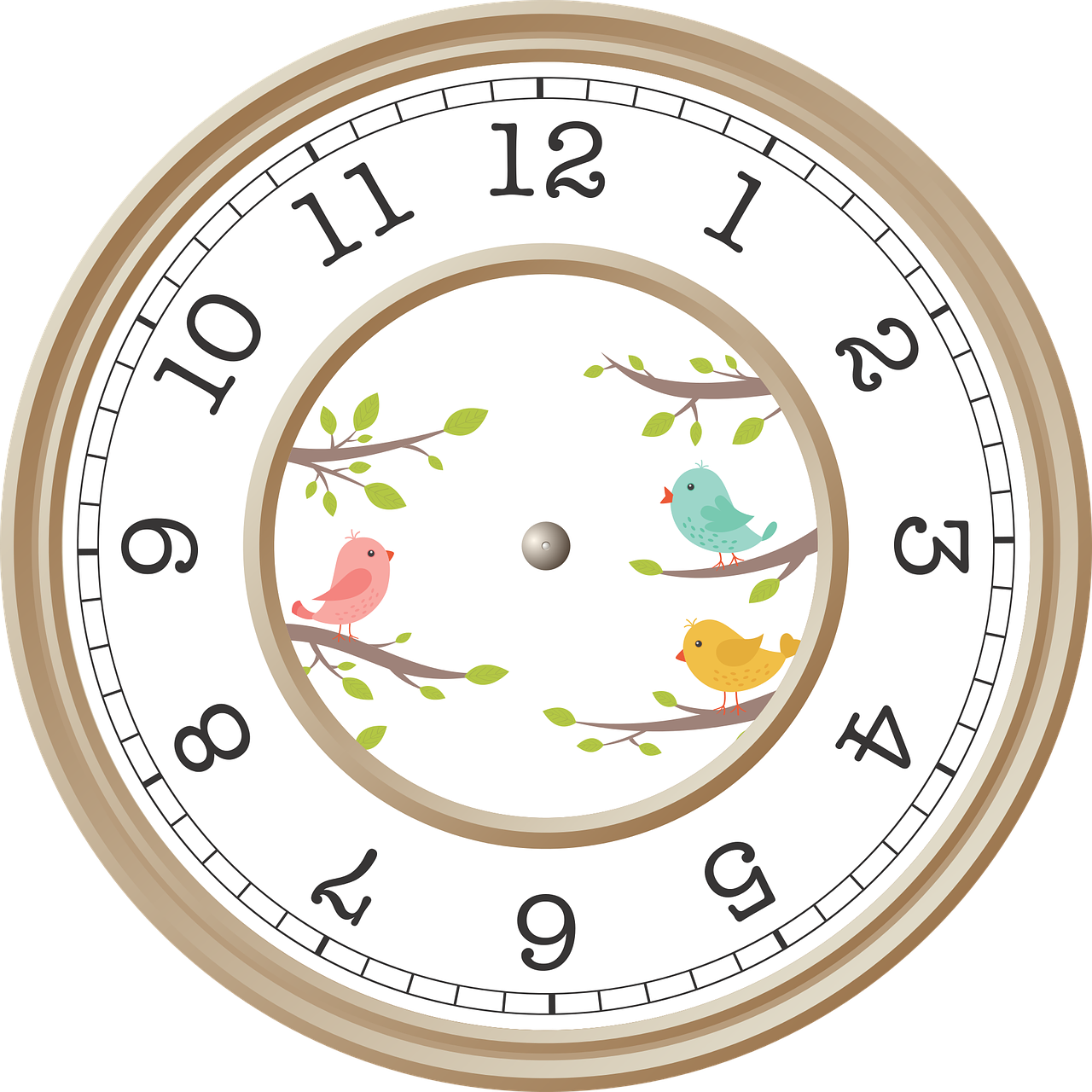 a close up of a clock with birds on it, a digital rendering, inspired by Masamitsu Ōta, trending on pixabay, mingei, cartoonish vector style, full color illustration, blank, window open