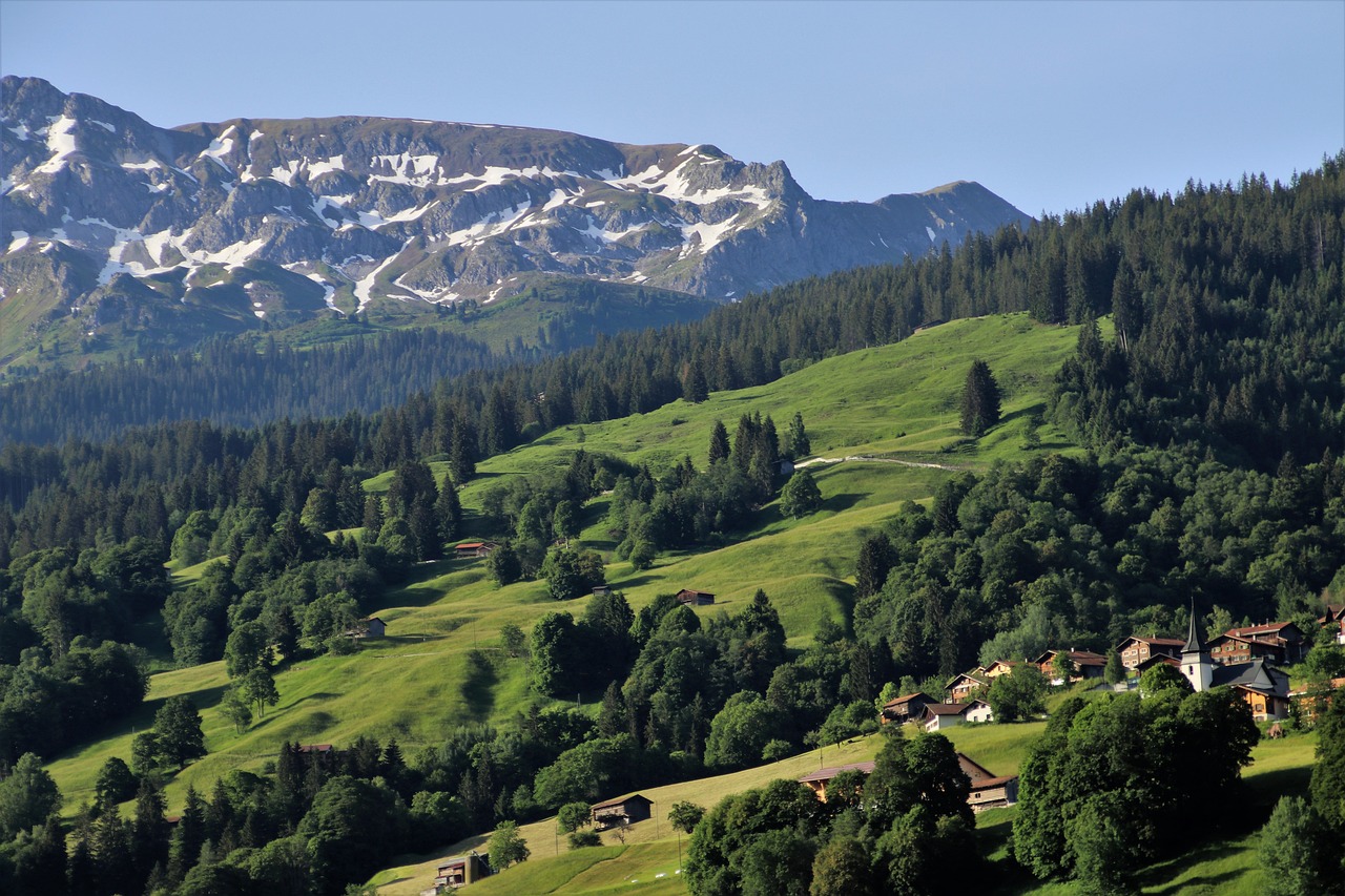 a group of houses sitting on top of a lush green hillside, a picture, by Karl Stauffer-Bern, flickr, les nabis, snowy mountain landscape, lush green meadow, summer morning light, alamy stock photo