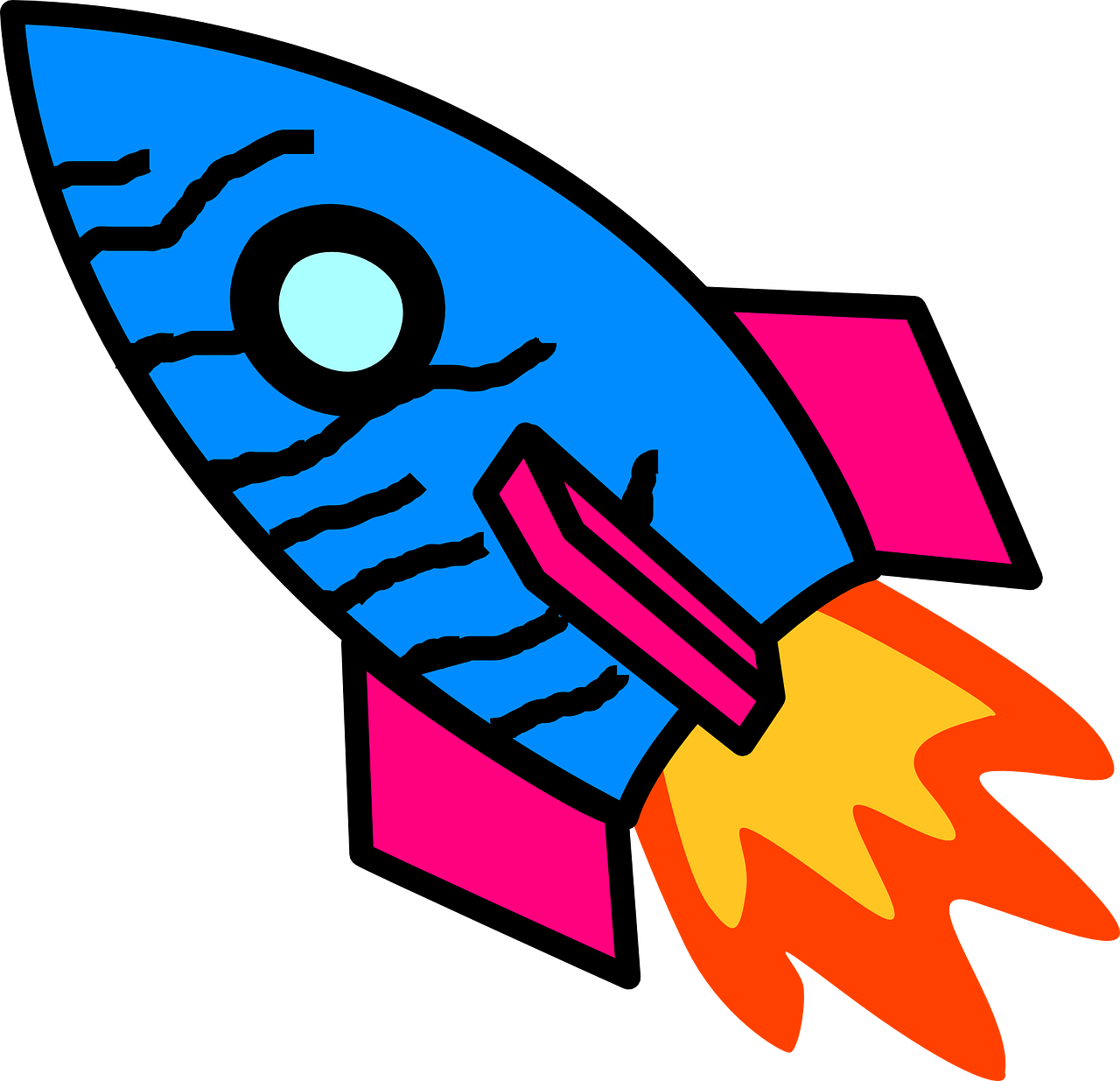 a blue and red rocket ship flying through the air, vector art, flickr, pop art, colorful fish, blue black pink, discord profile picture, clipart icon