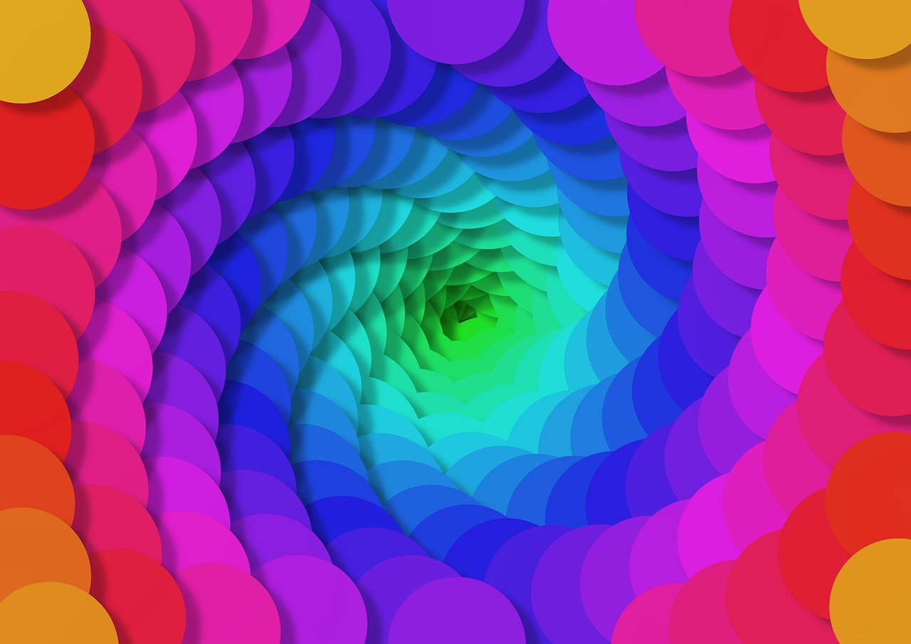 a computer generated image of a colorful spiral, a raytraced image, inspired by Giacomo Balla, generative art, vaporwave background, voronoi pattern, color gradient, colored paper collage